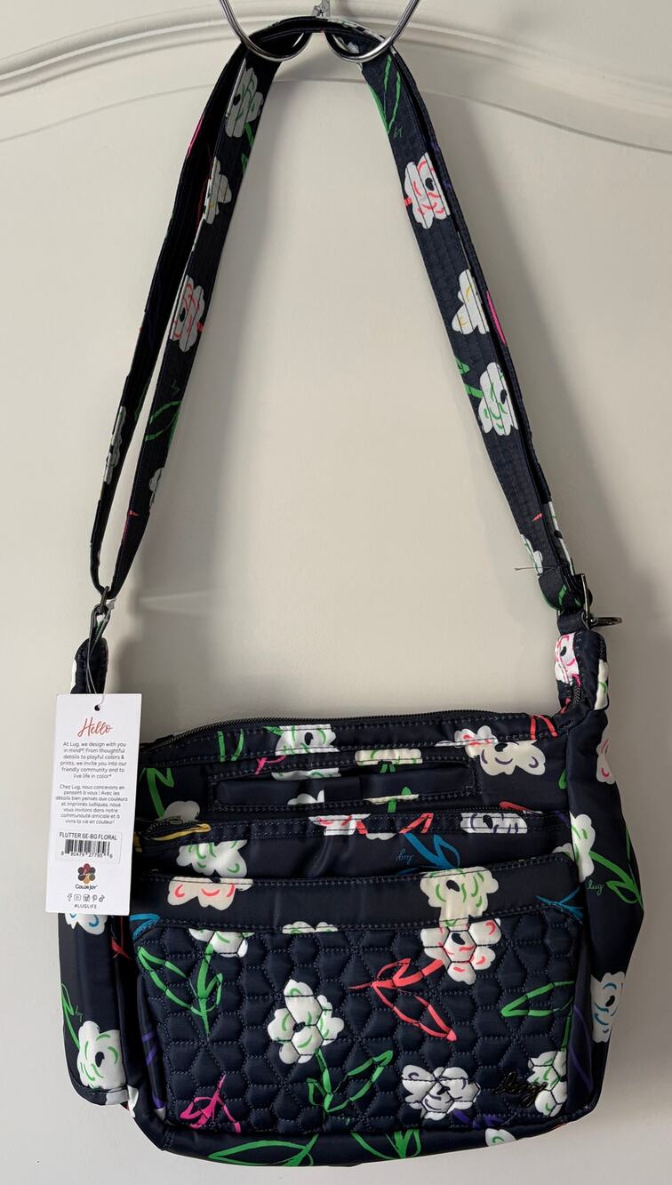 LUG Quilted Flutter SE Crossbody Bag Purse Bright Floral Water Bottle Holder NWT